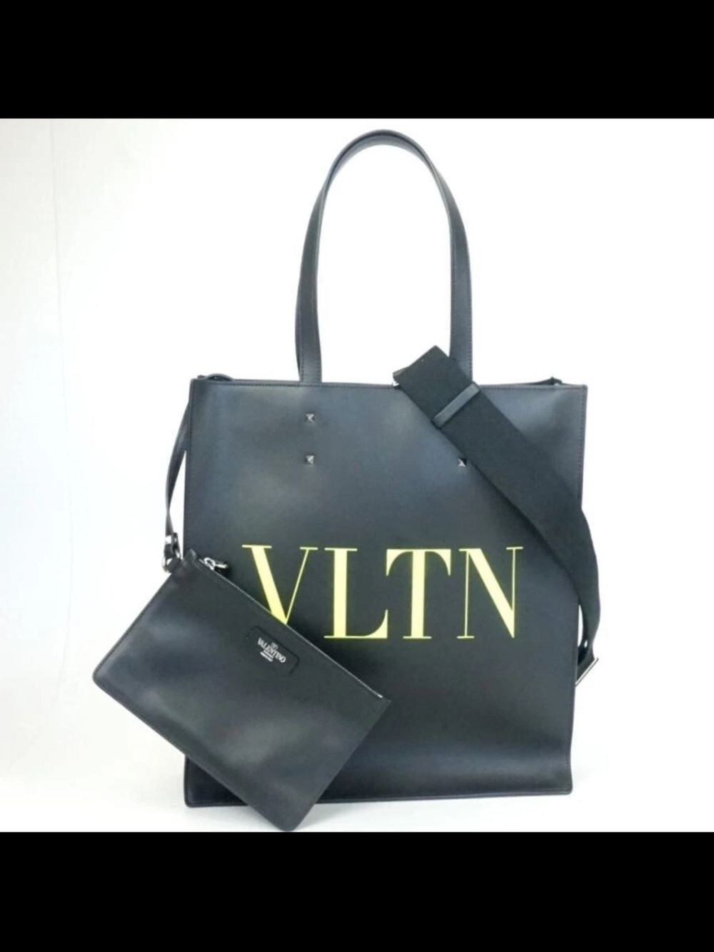 Valentino Garavani Black Leather VLTN Tote with Yellow Logo and Removable Pouch